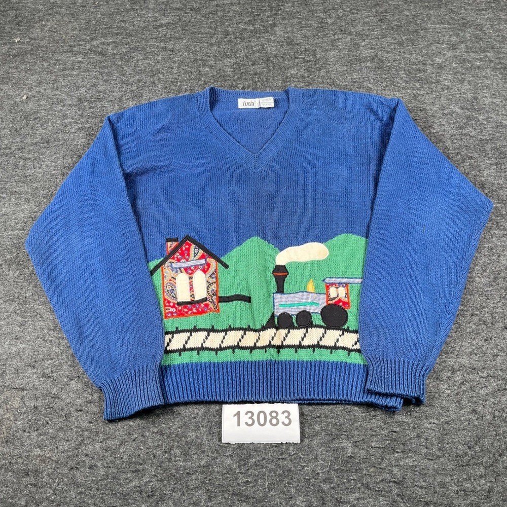 Lucia Sweater Womens M Blue Excellent Vintage Train Applique V-Neck Knit Top